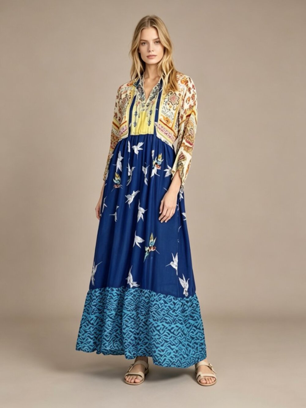 NWOT Johnny Was Cana Blue Embroidered Long Sleeve Floral Maxi Dress Size S
